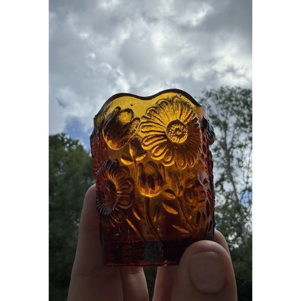 Vintage 1970s Country Store Products Amber Glass Sunflower Toothpick Candle